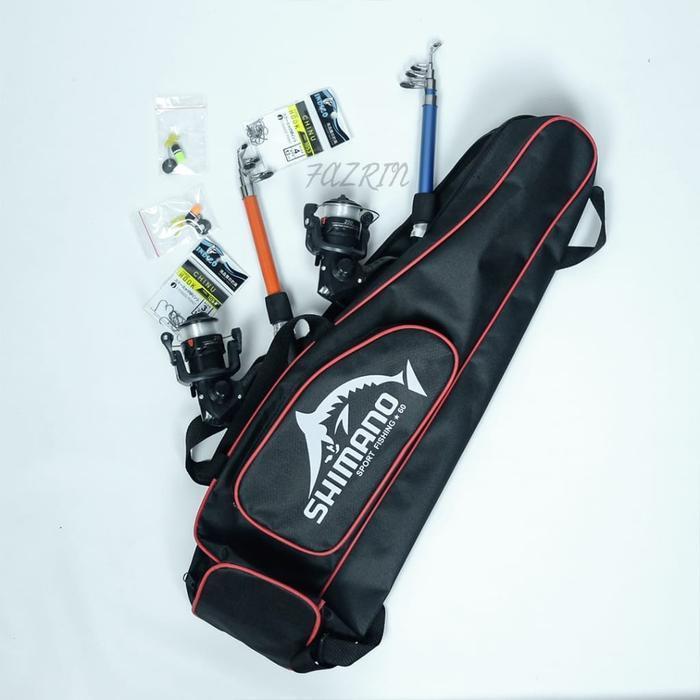 2 Set Pancingan Lengkap Joran Antena Reel 5Bb & Bonus Tas Shimano Fiber 1,5 Meter Siap Pakai Kekuata