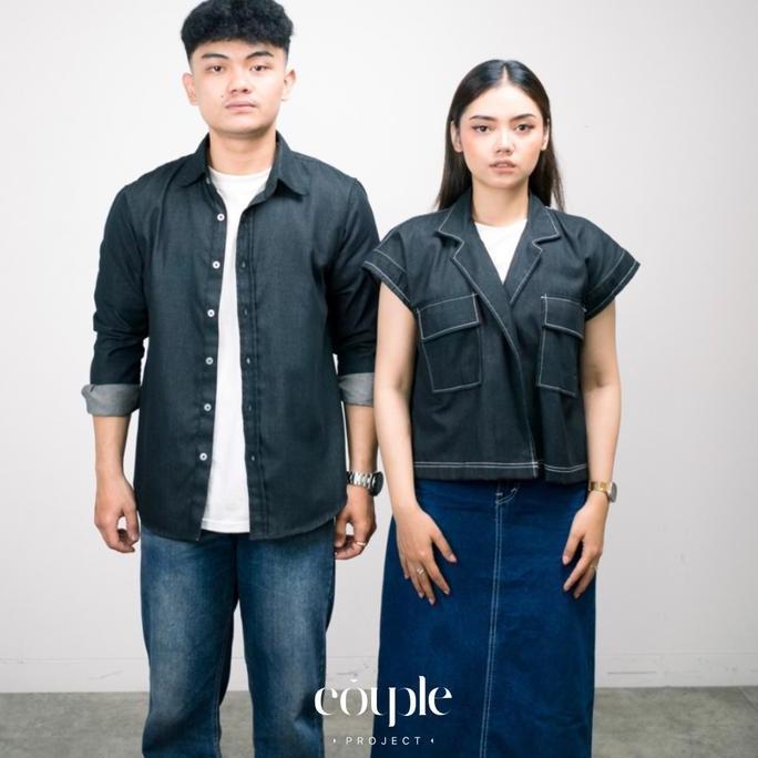 Couple Project - Denim Couple Set Baju Pasangan Cewek Cowok Kemeja Panjang dan Vest Denim Wanita Sof