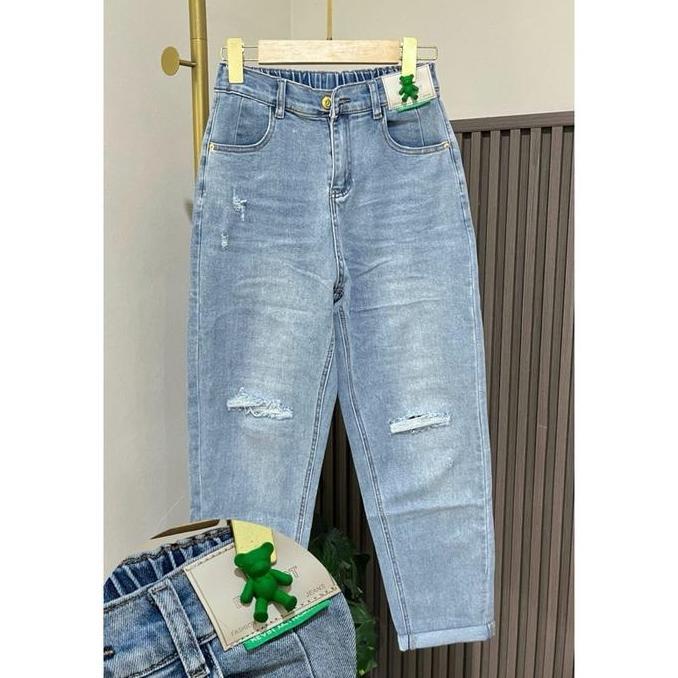 BKK BEARY RIPPED MOMS JEANS IMPORT BANGKOK Celana Panjang Wanita Denim Melar Stretch Cutbray Soft Ny