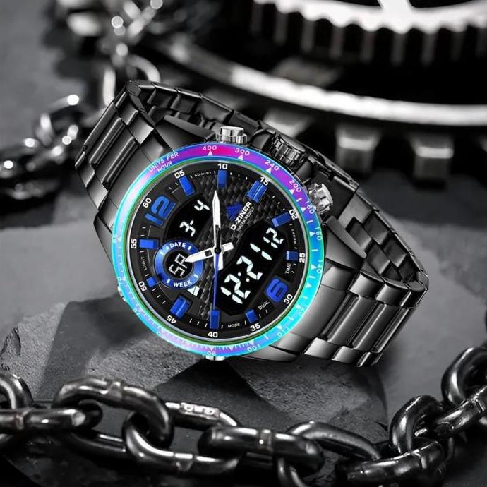 Dziner Jam tangan Pria 8306 Double Time Rantai Stainless Steel Water Resistant 3 ATM