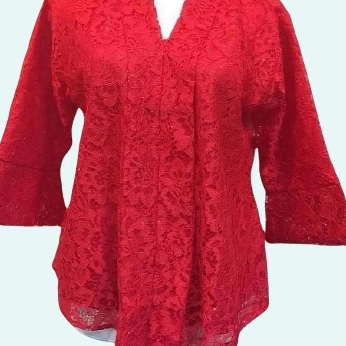ATASAN KEBAYA FLOY KUTU BARU BRUKAT MERAH CABE Bahan Brukat Non Gliter Full Puring Desain Feminin Le
