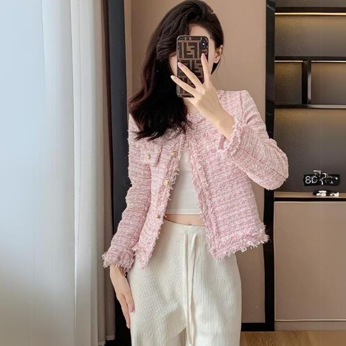 FOLADY - P758 Atasan Blazer Tweed Korea Premium Outer Rajut Motif Mewah, Lengan Panjang, Kancing Gol