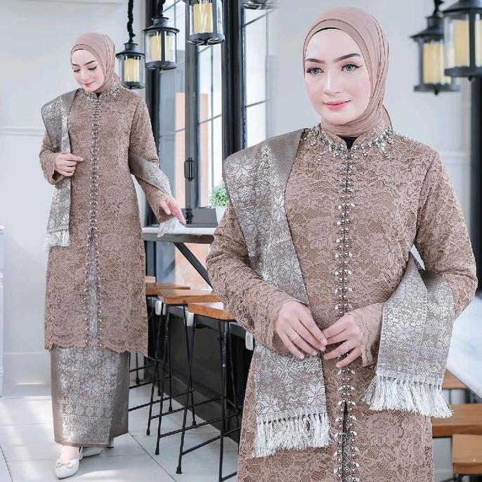 Kebaya Brokat Tunik Hanna dengan Hiasan Payet dan Rok Songket - Atasan, Pesta, Katun, Panjang, Wanit