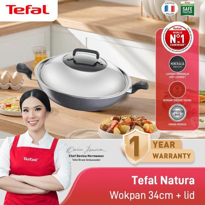 Tefal Wajan Kuali Penggorengan Anti Lengket Natura Wokpan 34cm + Tutup