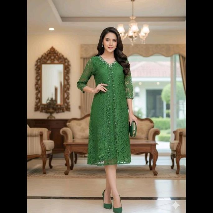 Dress Brokat Wanita Bahan Brokat Premium Lapis Furing Kombi Payet Gaun Natal Mewah Panjang 110cm Uku