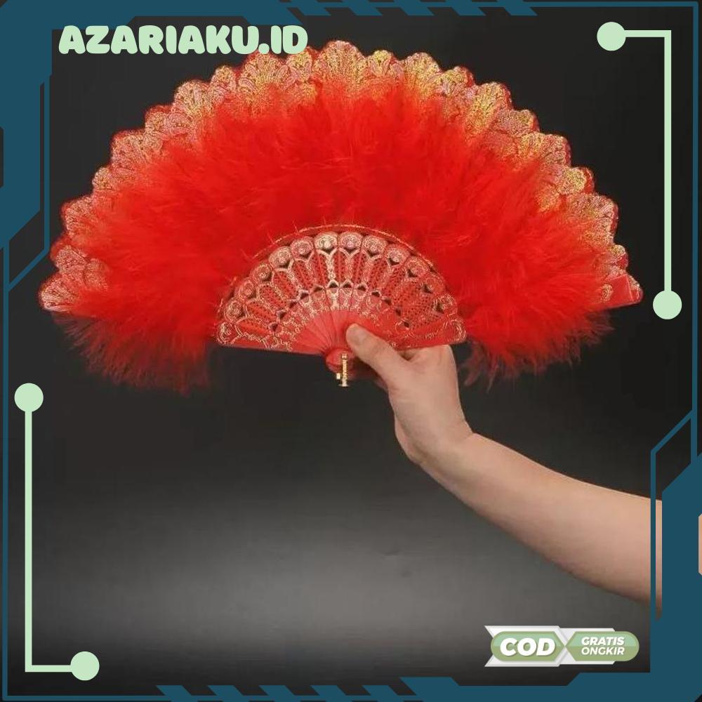 Kipas Tangan Lipat Bulu / Kipas Tari Merah Bulu / Kipas Lipat Tari Bulu Pentas - RO30-0512 2025 Bisa