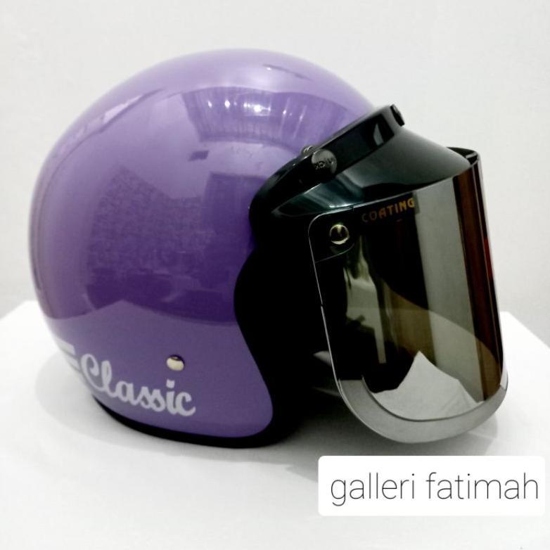 Hot Deals Hot Sale Helm Bogo Classic Ungu Glossy Kaca Helm Flat Cembung Smoke Bening Pelangi Silver 