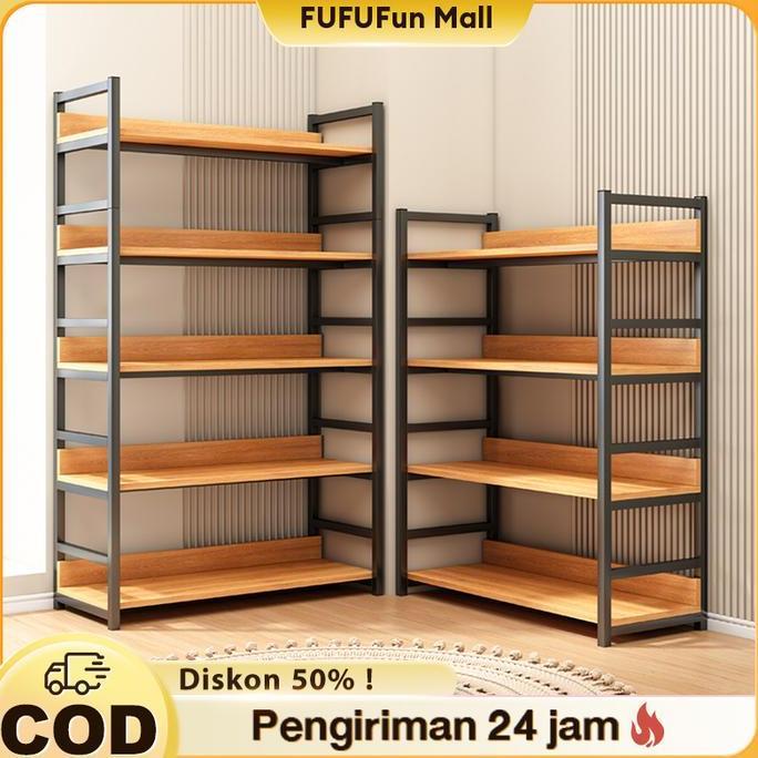 mz_fiktra - fu 6 tier bookshelf rak buku kayu minimalis modern metal stand display furniture