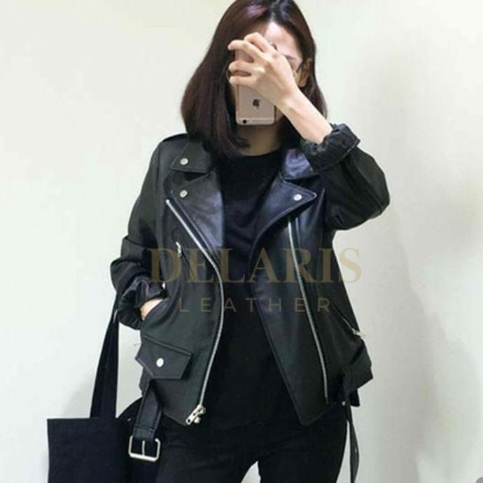 Delaris Jaket Kulit sintetis Wanita Ramones Hitam