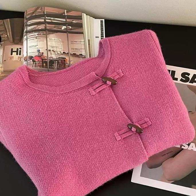 Cardan Sweater Rajut Kancing SH 166 untuk Wanita - Knitwear Wanita Warna Pink dengan Desain Kancing 