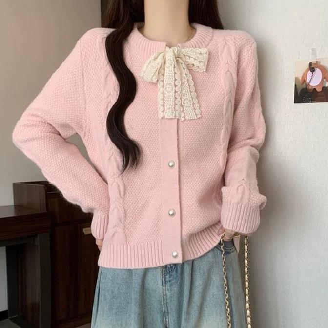 Cardan Sweater Rajut Halus Renda Pita Brukat 048 Outer Knit - Kancing, Knitwear, Tebal, Baju, Panjan