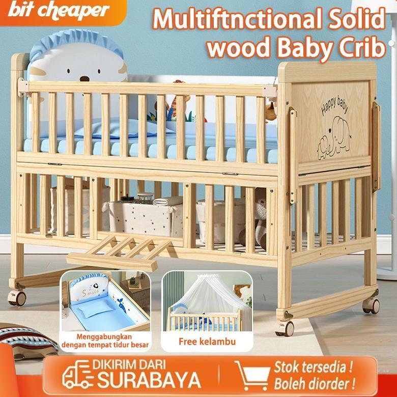 Tempat Tidur Bayi Kayu Kasur Baby Set Kelambu Bayi Box Ranjang Bayi Kayu Tempat Tidur Ayunan Multifu