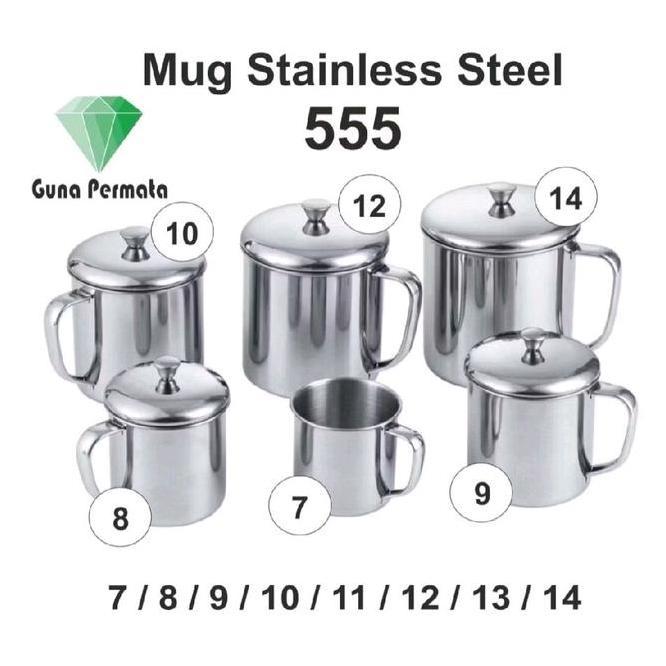 Mug Full Stainless Steel Semua Ukuran Cangkir Tutup Gelas Anti Karat Jumbo 14 13 12 11 10 9 8 7 Cm K