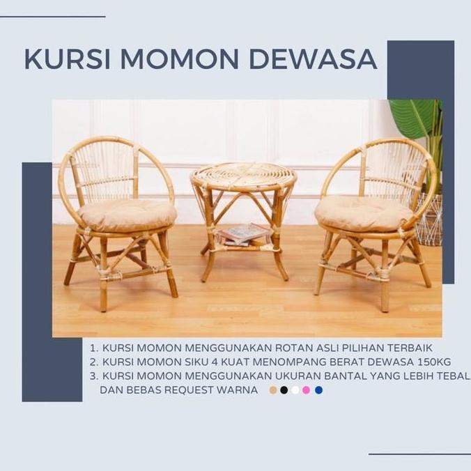 Kursi Teras MOMON Rotan dan Meja 1 Set / Kursi Rotan Teras / Kursi Tamu Rotan Asli Finishing