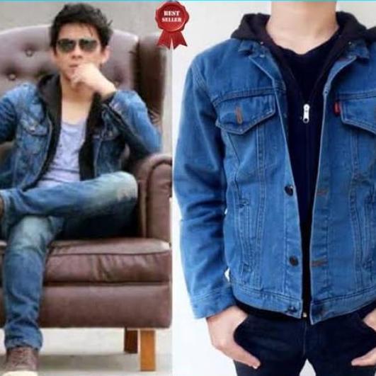 Jaket Jeans Denim Casual Pria Hoodie Ariel kombinasi Hitam - Biowash