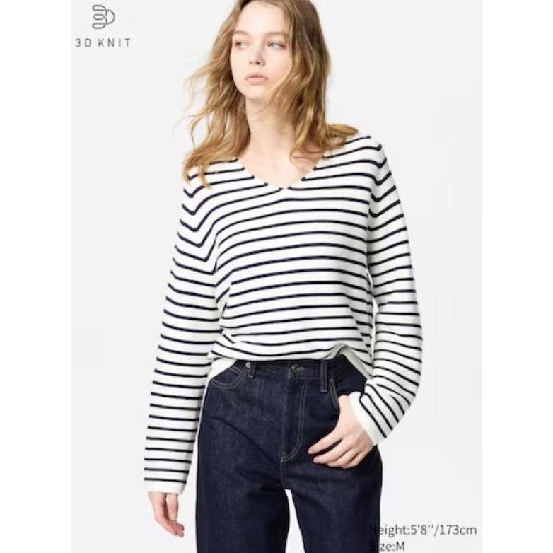 UNIQLO WOMEN 3D Knit Cotton Relax V Neck Sweater | Stripe