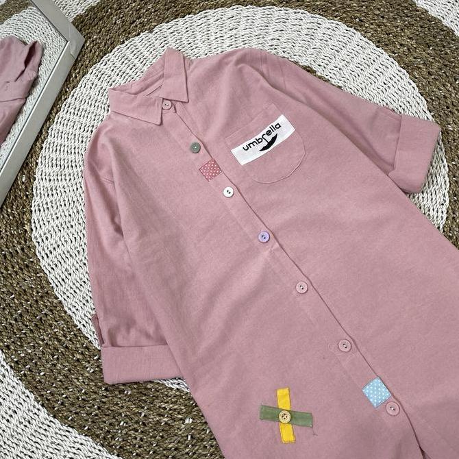 Kemeja Atasan Wanita Baju Muslim Momora Tunik dengan Saku Depan Bordir - Katun Linen Import Polos - 