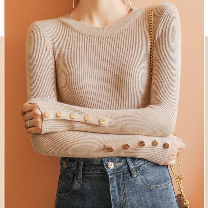 Outfitkekinian- Atasan Rajut Inner Jumbo 7017-2 Dengan Kancing Aktif - Knitwear, Wanita  Oversize Ba