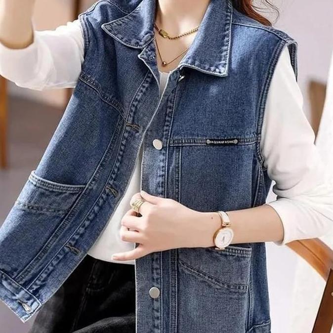 Outfitkekinian- 982-Rompi Jeans Wanita/Rompi Wanita/Blazer Jeans Wanita Atasan Panjang