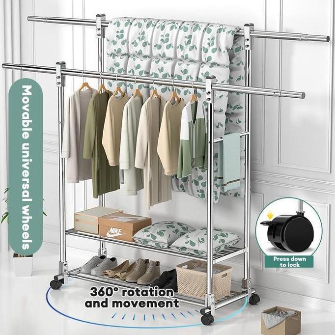 Rak Gantungan Baju Berdiri Stainless Steel Tebal Jemuran Baju Stainless Jemuran Baju Dobel Pool Roda