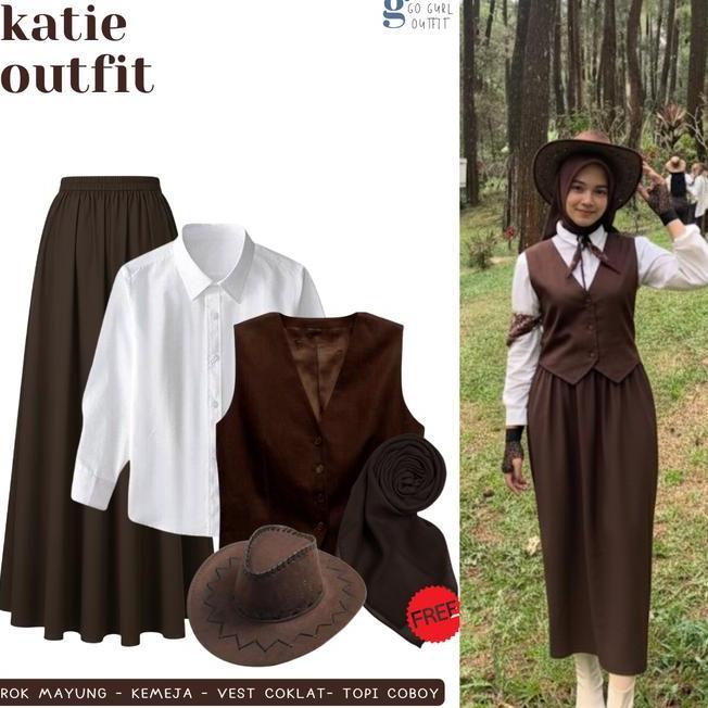 One Set Outfit Cowboy Vintage Kemeja Putih Vest Coklat Tua Rok Mayung Coklat Topi Coboy Ggo67