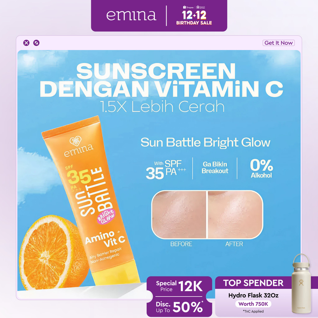 Emina Sun Battle Bright Glow SPF 35 PA+++ - Sunscreen Serum Amino Vitamin C - Cerah, Ringan, Hydrati