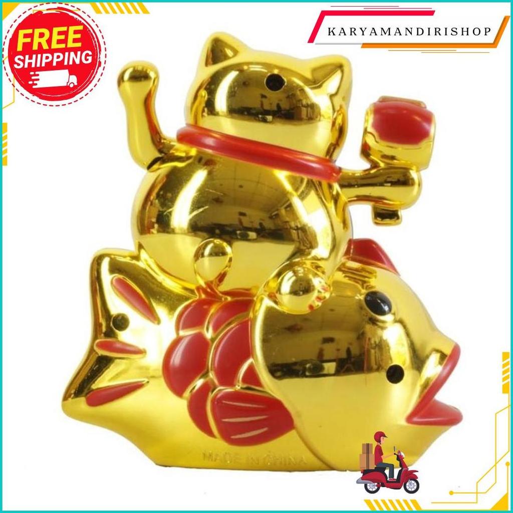 Patung Kucing Ikan Maneki Neko 16 Cm Besar Emas Merah Beruntung Lucky Cat Termurah Banget