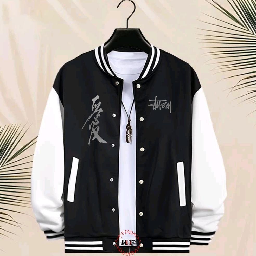 Haye Fashion - Unisex Jacket Baseball Kancing Stussy Text Jepang Silver Jacket Resleting Varsity