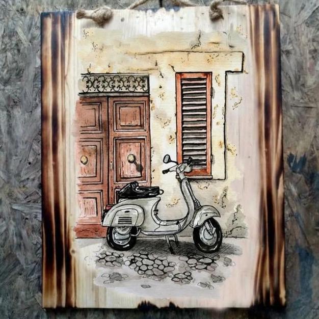Hiasan Dinding Vintage Lukisan Kayu Vespa Putih Dekorasi Cafe