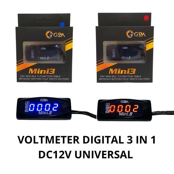 Yxyg- Gba Voltmeter Digital Mini3 3In1 Pengukur Aki Motor & Suhu Jam Digital Dc12V Universal Led Bir