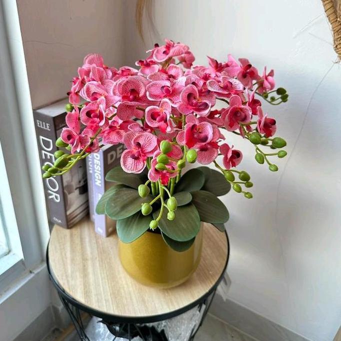 Flwr- Bunga Anggrek S Vas Kaleng Gold Tinggi /Bunga Palsu