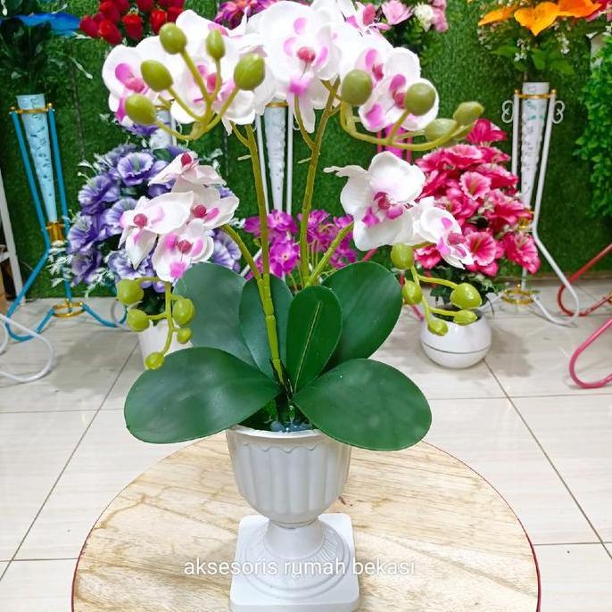 Flwr- Buket Anggrek Artificial 4 Tangkai Dengan Pot Piala Plastik Bunga Hiasan