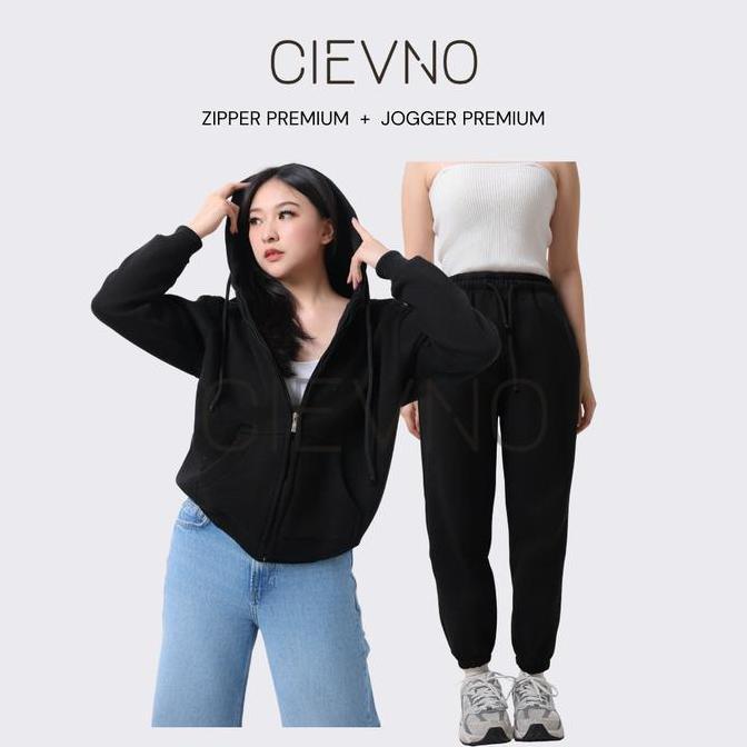 CIEVNO - ONE SET HOODIE ZIPPER + CELANA JOGER PREMIUM HITAM (PRIA&WANITA)