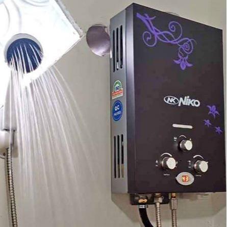 Paket Komplit Water Heater Niko Berwarna Hitam Dengan Pemanas Air Gas Untuk Kamar Mandi, Dilengkapi 