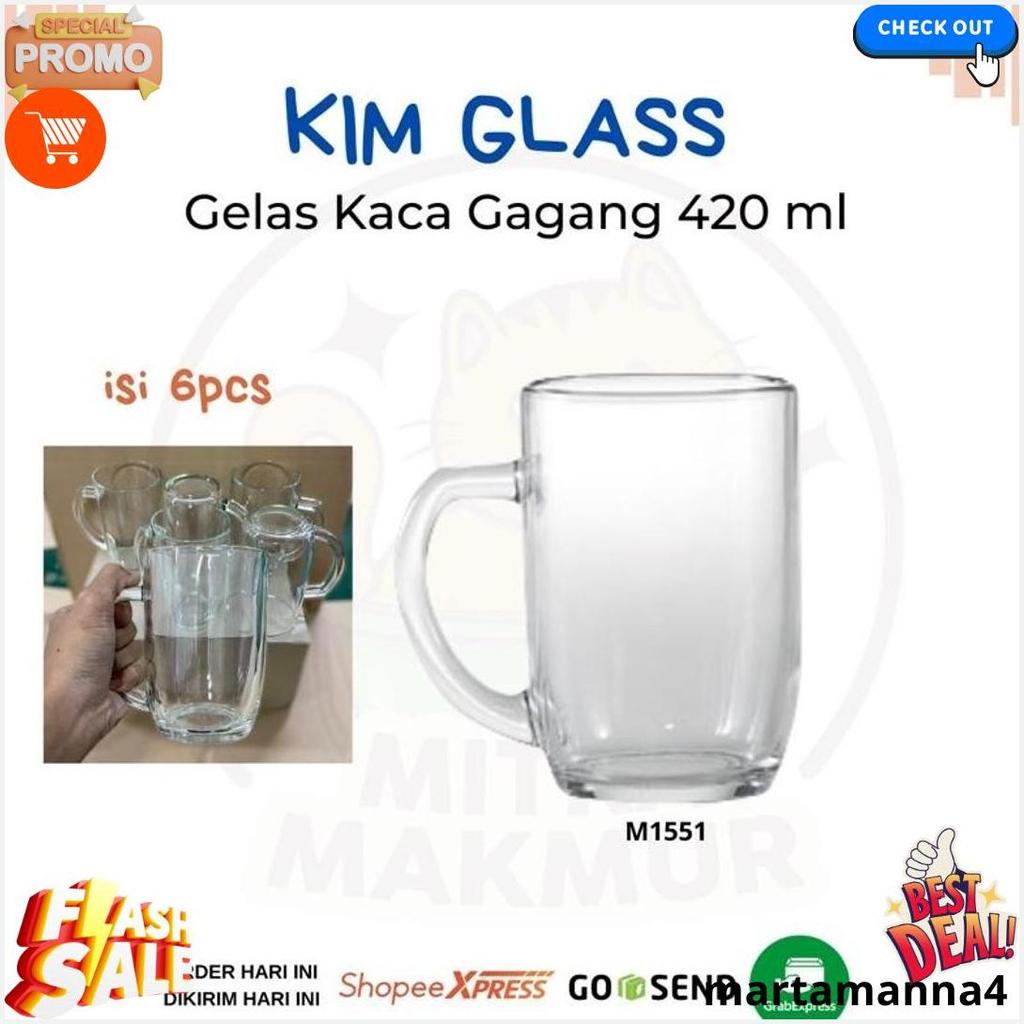 Kim Glass - Gelas Gagang Kaca Gelas Air Minum 420 Ml M1551 Gelas Teh Gendut @6 Pcs Original Produk