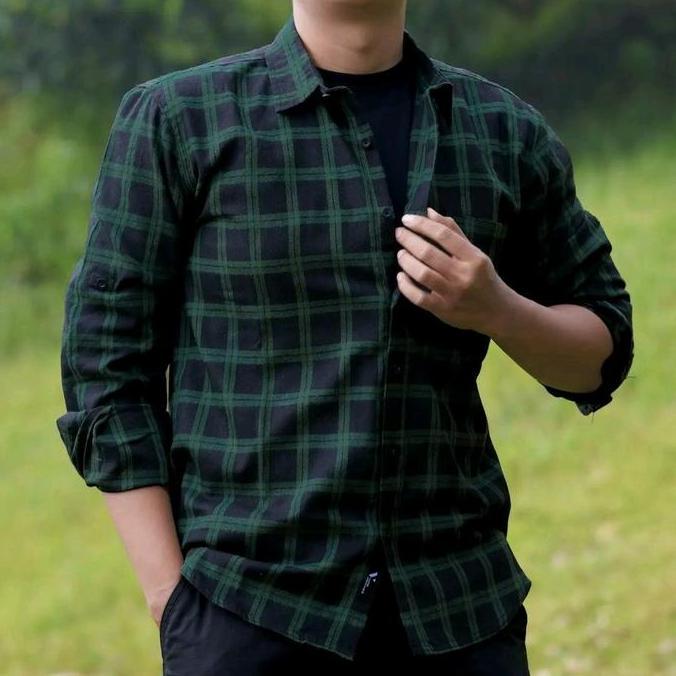 Kemeja Flanel Hitam Kombinasi Hijau Casual Kain Panjang