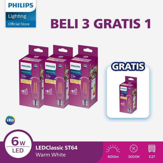 Paket Lampu Philips Beli 3 Dapat 4 Lampu Philips Filament Bohlam LED 6W ST64 E27 Kuning