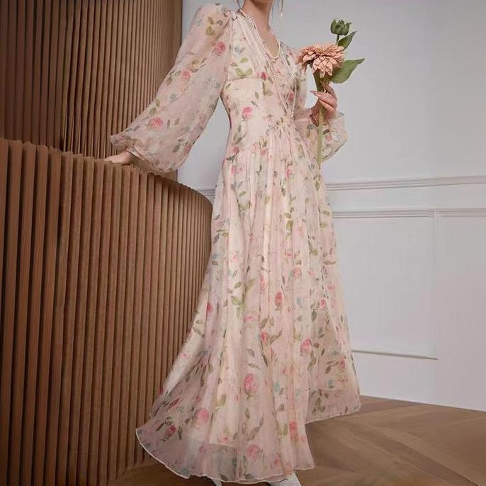 [FANMU] Gaun bunga fairy rok Sifon  panjang Casual Wanita Dress Baju Floral Motif Midi Pantai