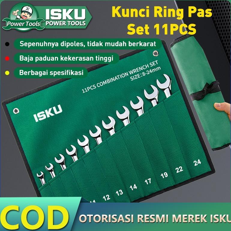 ISKU Kunci Ring Pas Set 11pcs 8-24mm Kunci pas Lengkap Kunci Pas Ring Kombinasi Set Chrome Vanadium 