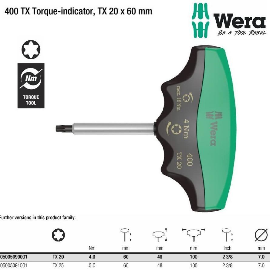 WERA 05005090001 Kunci Torsi T Bintang TX 20 * 60 mm 4 - 18 Nm Torque Indicator TX20 x 60mm 4-18Nm