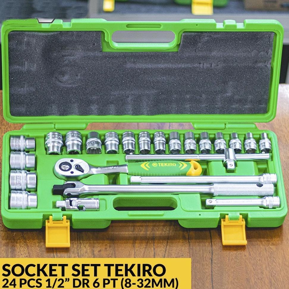 TEKIRO Kunci Sok Set 24pcs Kunci Shock Set Lengkap Kunci Mata Sock 1/2" 6pt Full TOOL KIT 10 PCS Kun