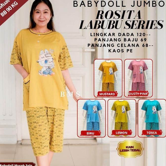 ( Babydoll 3/4 Jumbo Sweet Rosita ) Setelan Celana Baju Tidur Bahan Kaos Tebal Lingkar Dada 120 Muat
