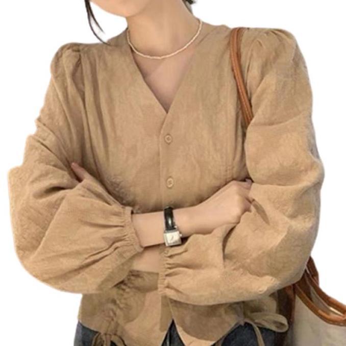 Atasan Lengan Panjang Wanita Lengan Balon Serut Tali Kemeja Katun Baju Bunga Muda Motif