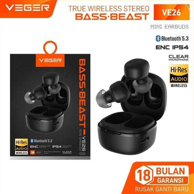 Promo Headset Bluetooth VEGER VE26 Earphone ENC Bass Beast VE-26 TWS Mini Earbuds V5.3 Diskon
