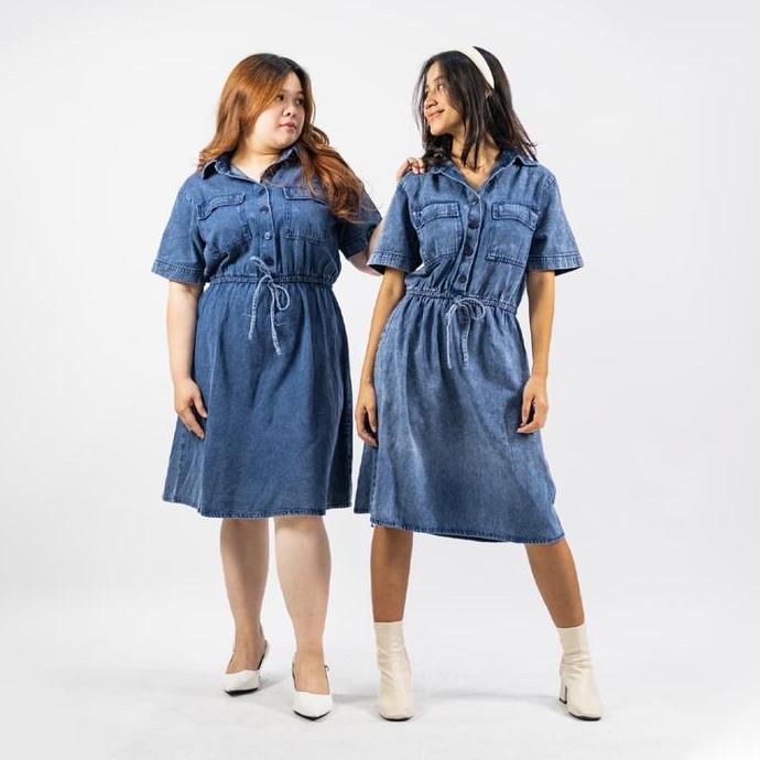 JIBI - Denim Collar Dress - Dress Wanita - Baju Dress - BSize - Snowblue