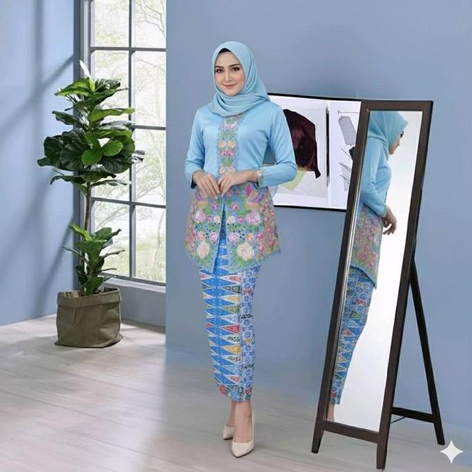 {.Sky} Setelan Kebaya Encim Bordir Merak - Katun Jepang Toyobo Fodu - Rok Tumpal Batik - Kancing Dep