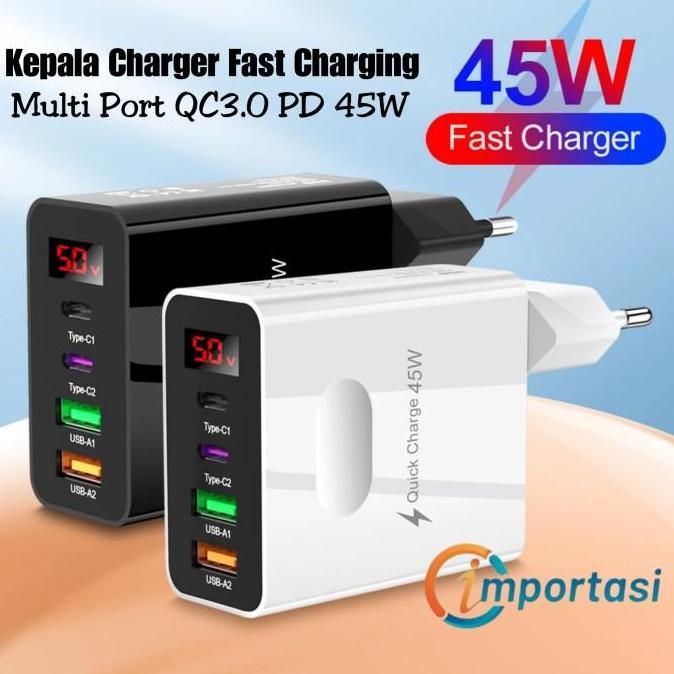 Promo Kepala Charger USB Type C 4 Port Fast Charging QC3.0 PD 45Wb iPhone - Hitam Diskon