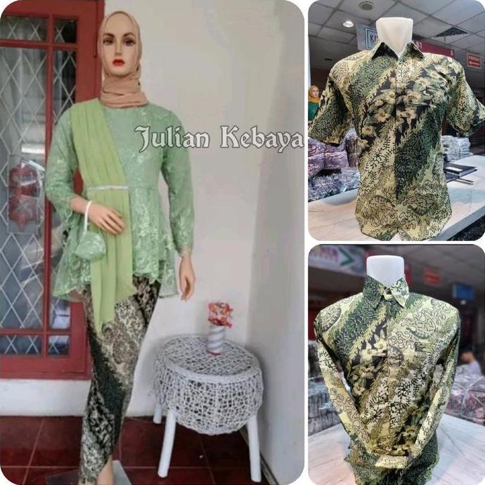 Newgir- Couple Kebaya Aurora Selendang Dan Kemeja Batik Pria Bordir Katun Baju Pasangan Kondangan Pa