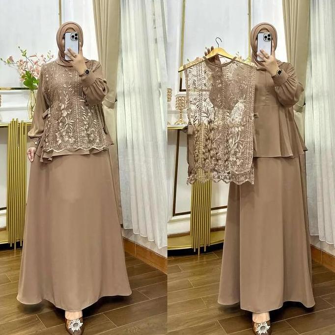 Promo Naura Dress Brukat Kondangan Set Rompi Bahan Ceruty Babydoll Full Pring Baju Gamis Brokat Wani