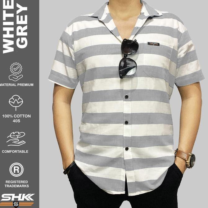 Boyboy- Shk Kemeja Stripe Series Cowok Cewek Katun Twill Baju Lengan Pendek Motif Salur Garis Atasan